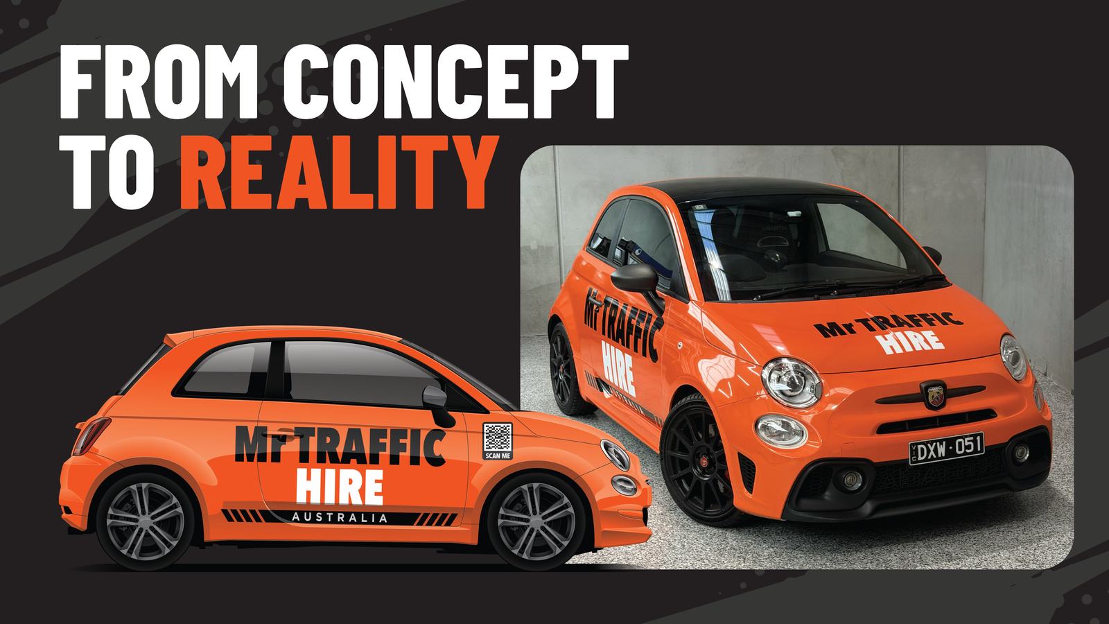Mr Traffic Hire concept artwork beside the finished wrapped Abarth