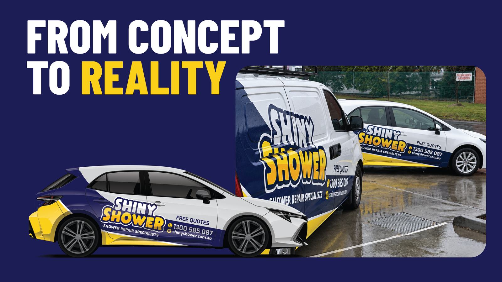 Shiny Shower concept artwork beside the installed van and car wraps