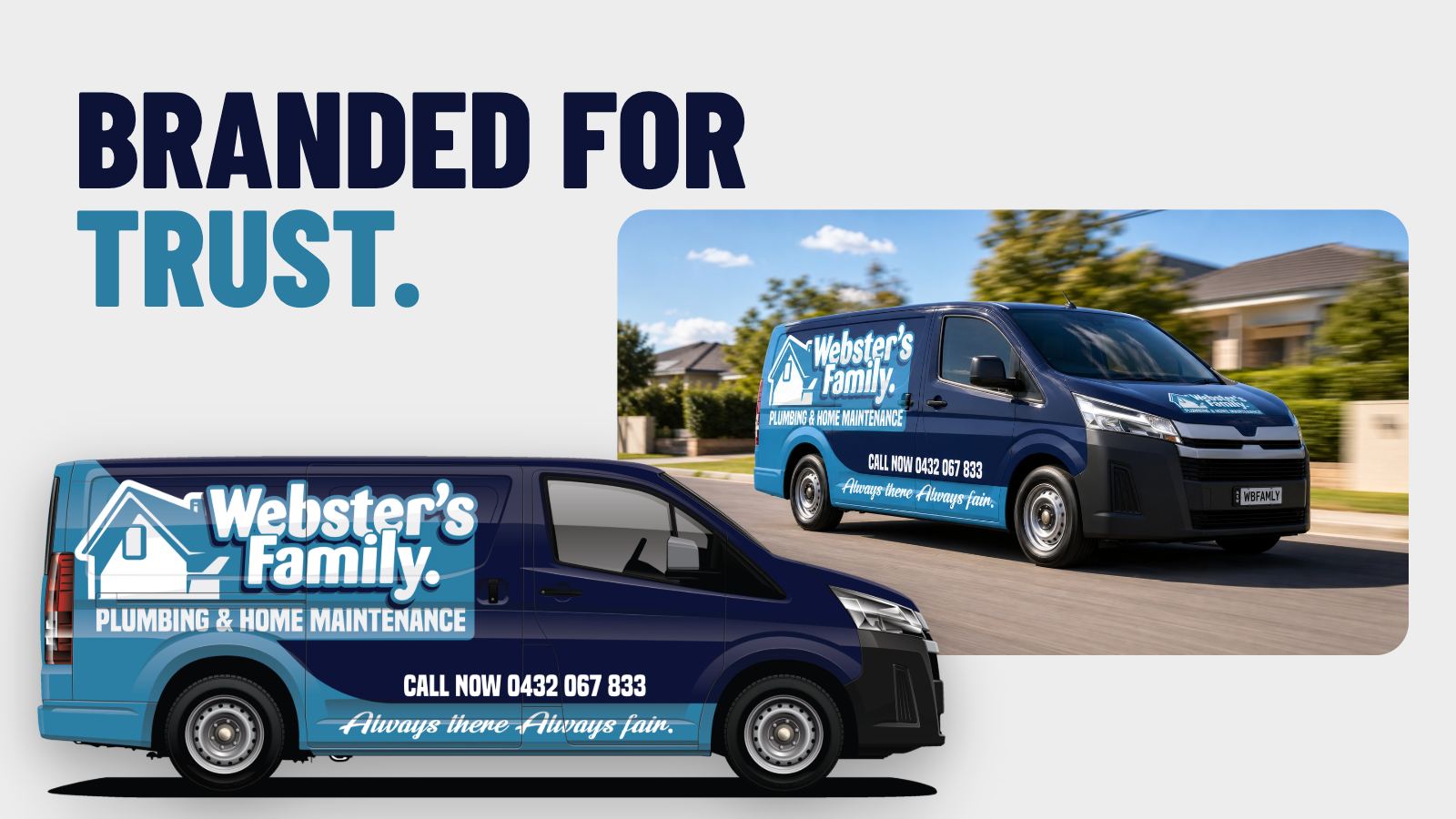 Webster's Family Plumbing van livery, concept and installed